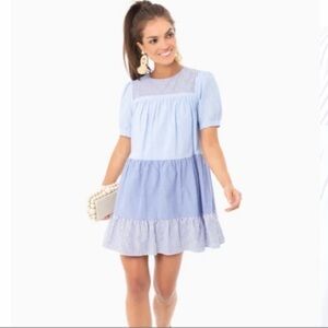 Pomander Place Light Blue Tiered Mini Dress with Stripe Trim